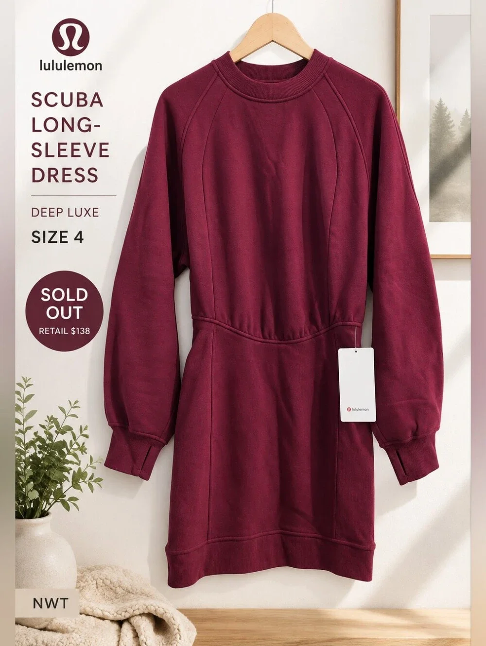 NWT lululemon Scuba Long-Sleeve Dress Deep Luxe Burgundy Sweatshirt Dress Size 4